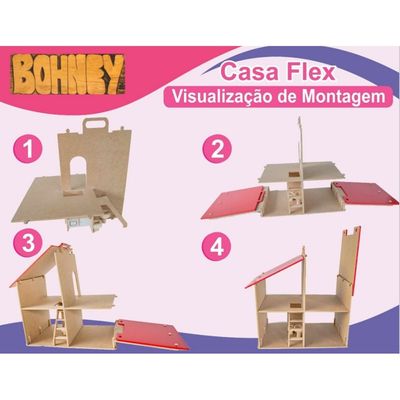 Casinha de Boneca Flex - com Móveis - Madeira - 2 Andares - Bohney