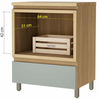 Balcão Nesher Rainha em MDF 15mm com Nicho para Micro-ondas, 1 Gaveta e 1 Prateleira - 70cm de largura Nature com Verde