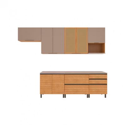 Cozinha Completa Bartira Cristal com 9 Portas, 5 Gavetas, 9 Prateleiras e Bancada Gourmet Lâmina Mel/Nude