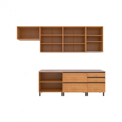 Cozinha Completa Bartira Cristal com 9 Portas, 5 Gavetas, 9 Prateleiras e Bancada Gourmet Lâmina Mel/Nude