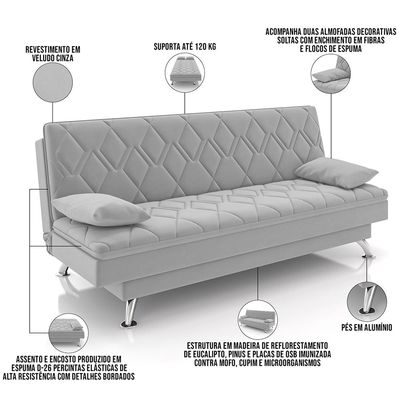 Sofá Cama para Sala de Estar Quarto 193cm Lia M03 Veludo Cinza - Lyam Decor
