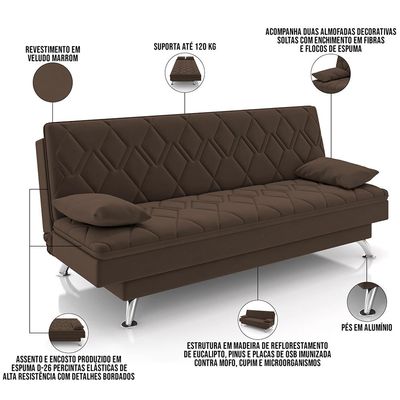 Sofá Cama para Sala de Estar Quarto 193cm Lia M03 Veludo Marrom - Lyam Decor