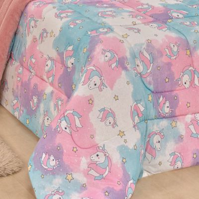 Coberdrom Edredom Unicórnio Solteiro Dupla Face Malha Manta Soft Rosa