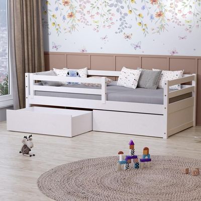 Cama Infantil Dreams Com 02 Gavetas E Grade De Proteção Madeira Maciça Branco Megamobilia