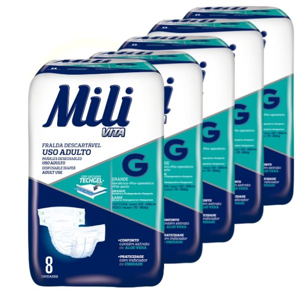Fralda Geriátrica Mili Vita (USO ADULTO)- Tam: G - 5 Pacotes c/8 (total: 40 fraldas) Fralda Geriátrica Mili Vita (USO ADULTO)- Tam: G - 5 Pacotes c/8 (total: 40 fraldas)