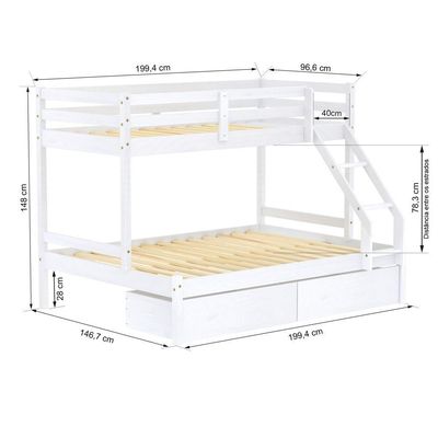 Beliche Com Cama Casal Dreams Com 02 Gavetas Madeira Maciça Branco Megamobilia