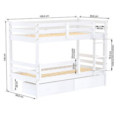 Beliche Solteiro Dreams Com 02 Gavetas E Grade De Proteção Madeira Maciça Branco Megamobilia