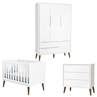 Quarto De Bebê Theo 3 Portas Branco Acetinado Com Pés Amadeirado - Reller