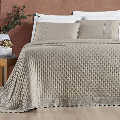 Kit Cobre Leito Colcha Bouclê King Laise Bordada Micropercal 200 Fios 3 Peças - Bege Taupe