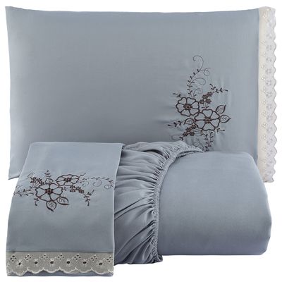 Jogo de Cama Lençol Queen Bordado Advance 3 Peças - Cinza