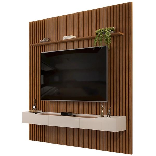 Painel para TV 75 Pol Ripado com Bancada Suspensa 275x212cm Pratisk D04 Freijó/Off White - Mpozenato