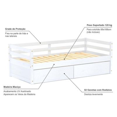 Cama Infantil Dreams Com 02 Gavetas Madeira Maciça Branco Megamobilia
