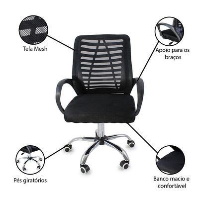 Kit 3 Cadeiras De Escritório Esteirinha Mesh Ergonômica Preto