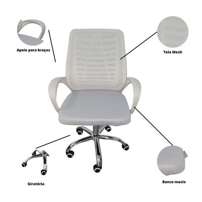 Kit 3 Cadeiras De Escritório Esteirinha Mesh Ergonômica Branco
