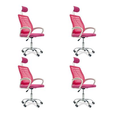 Kit 4 Cadeiras Escritório Diretor Tela Mesh Com Encosto De Cabeça Rosa