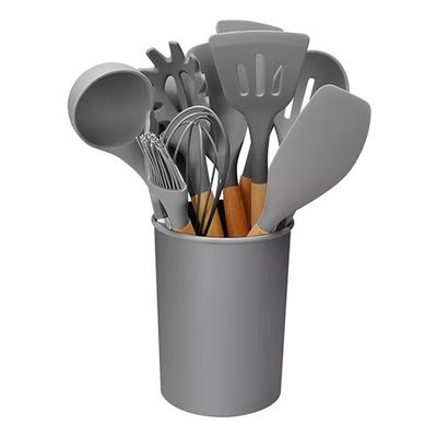 Kit 12 Peças Jogo De Cozinha De Silicone Resistente A Altas Temperaturas Utensílios - Cinza
