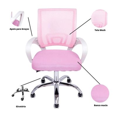Kit 5 Cadeiras De Escritório Begonia Tela Mesh Ergonômica Rosa