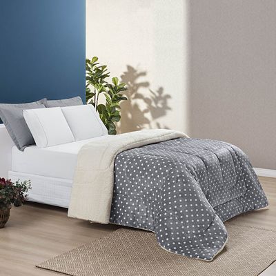 Edredom Coberdrom Romantico Poá Solteiro Sherpa e Manta Flannel - Cinza
