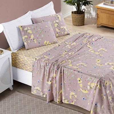Jogo de Cama Lençol Casal Padrão 04 Peças Microfibra Estampada Ayla - Lavanda Floral