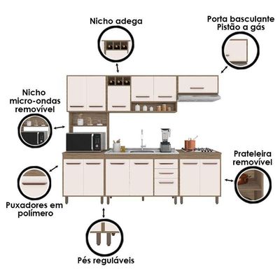 Cozinha 5 Peças Com Balcão De Pia Ambiente Barcelona Carvalho Oak Off White - Poliman