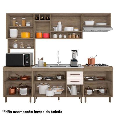 Cozinha 5 Peças Com Balcão De Pia Ambiente Barcelona Carvalho Oak Off White - Poliman