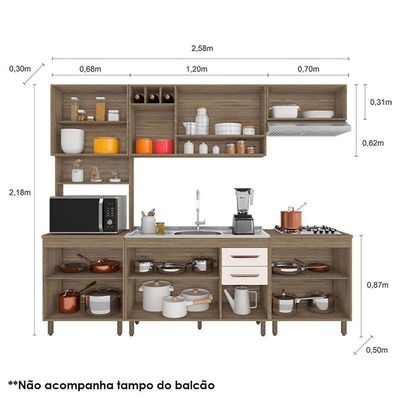 Cozinha 5 Peças Com Balcão De Pia Ambiente Barcelona Carvalho Oak Off White - Poliman