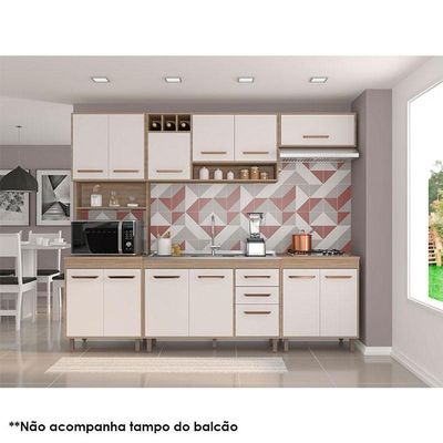 Cozinha 5 Peças Com Balcão De Pia Ambiente Barcelona Carvalho Oak Off White - Poliman