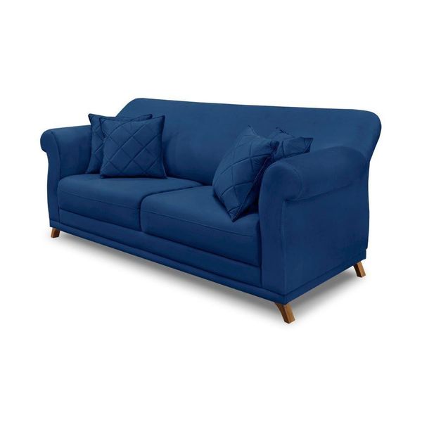 Sofá 200cm 3 Lugares Com 4 Almofadas Suede Azul Marinho