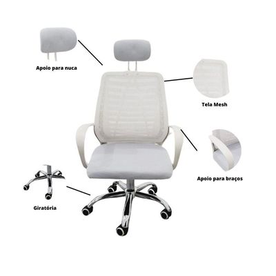 Kit 3 Cadeiras Escritório Diretor Tela Mesh Encosto De Cabeça Branco