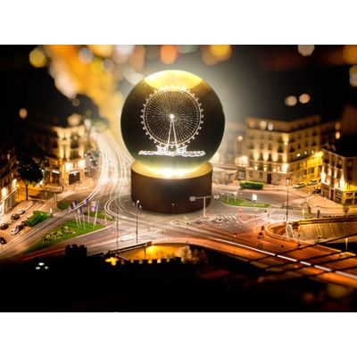Luminária Abajur Globo Roda Gigante LED USB Enfeite Decorativo Esfera de Vidro 3D Base de Madeira