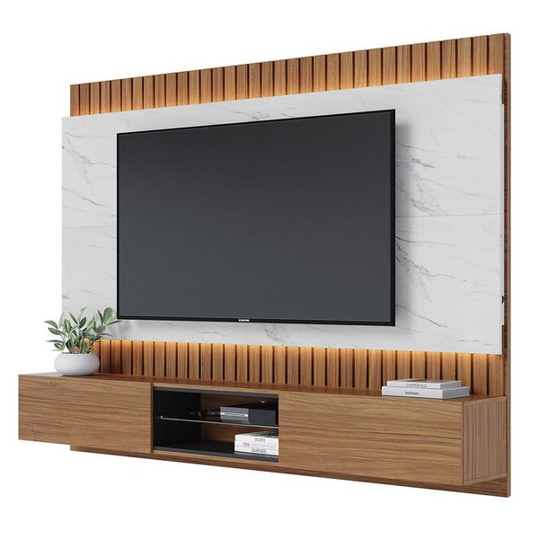 Painel Home Suspenso para TV 70 Pol. com LED 218cm Rios C05 Noce/Preto/Calacatta - Mpozenato