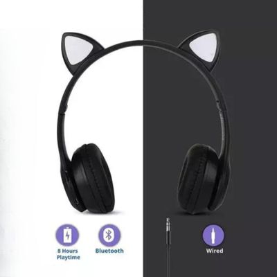 Fone Bluetooth Orelha De Gato Led Colorido (PRETO)