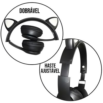 Fone Bluetooth Orelha De Gato Led Colorido (PRETO)