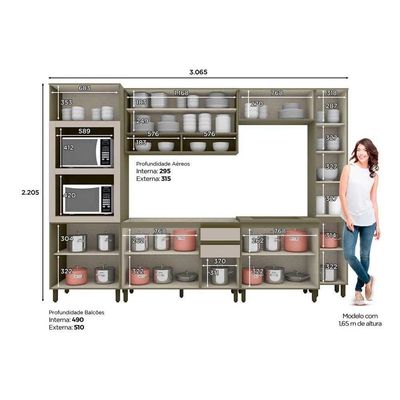 Kit De Cozinha 8Pçs (2 Armários + 2 Balcões + 2 Paneleiros + 2 Complementos) C8p07 Duna/cristal