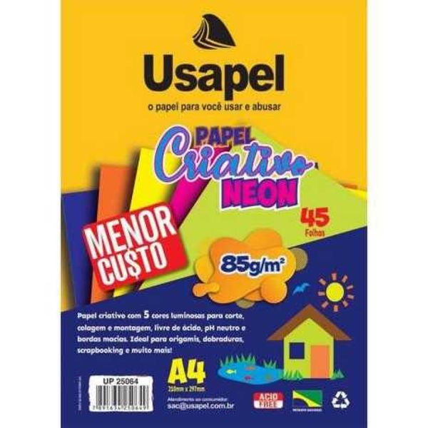 BLOCO CRIATIVO COLOR NEON A4 85G 45FLS 5 CORES USAPEL