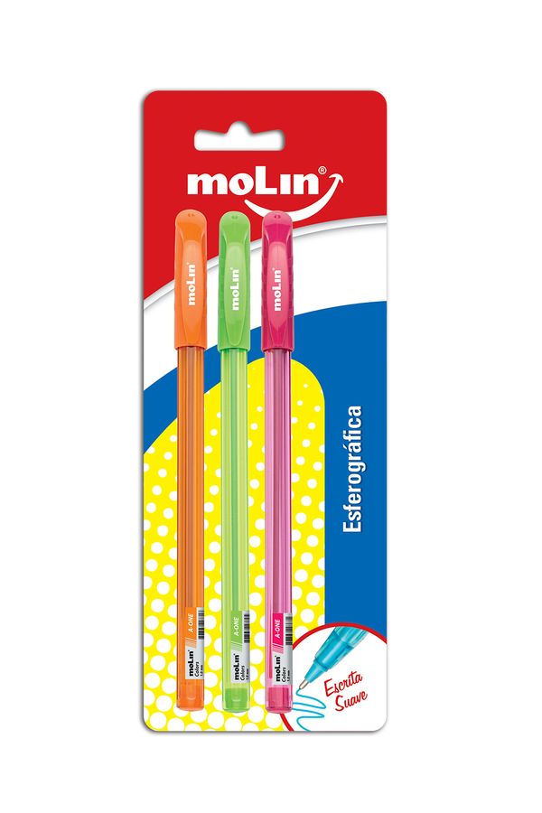 Caneta Esferográfica Molin A-One 1.0mm Colors com 3 Unidades