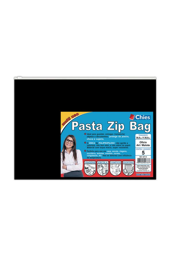 Pasta Zip Bag Chies A4 com 05 Unidades Preta 36x26cm