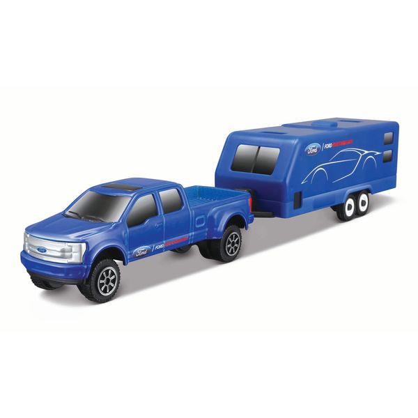 Miniatura Heartland Haulers - 1:64 - Maisto Fresh Metal - Ford Super Duty Azul e Trailer Ford Racing Azul Maisto