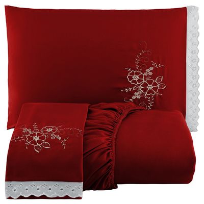 Jogo de Cama Lençol Queen Bordado Advance 3 Peças - Vermelho