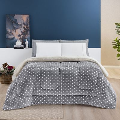 Edredom Coberdrom Romantico Poá King Sherpa e Manta Flannel - Cinza