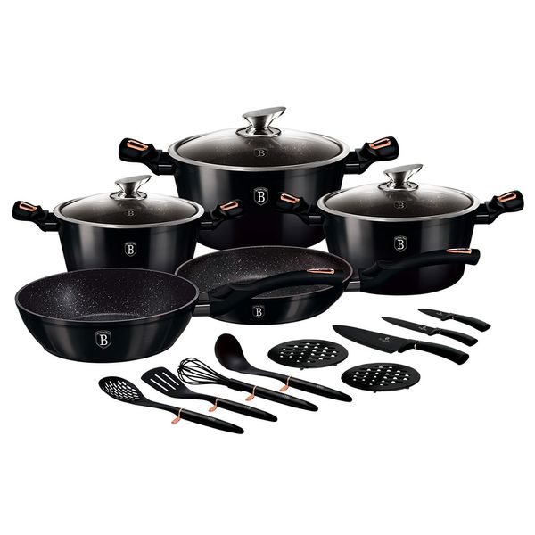 Jogo Panelas e Utensílios Tripla Camada de Marmore 17peças Shiny Black Berlinger Haus