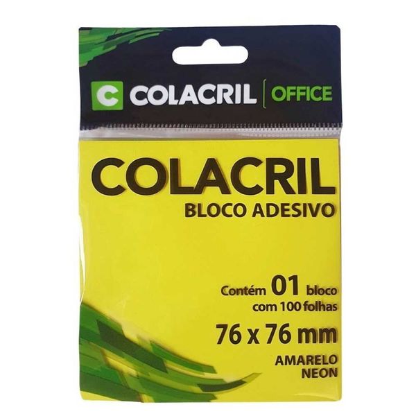 BLOCO DE NOTAS ADESIVAS 76x76MM 100FL AMARELO NEON COLACRIL