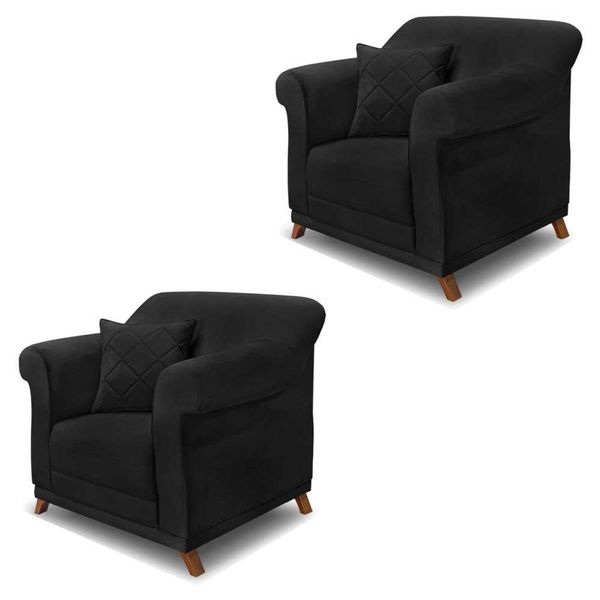 Kit 2 Poltronas Decorativas com 2 Almofadas Armstrong Suede Preto - Gran Belo