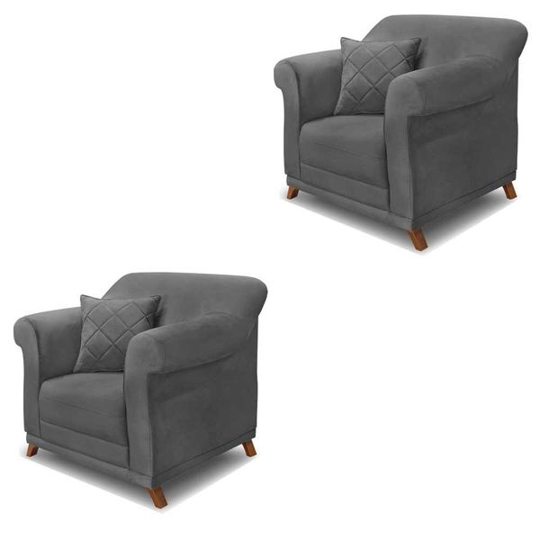 Kit 2 Poltronas Decorativas com 2 Almofadas Armstrong Suede Cinza - Gran Belo