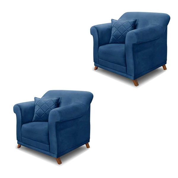 Kit 2 Poltronas Decorativas com 2 Almofadas Armstrong Suede Azul Marinho - Gran Belo