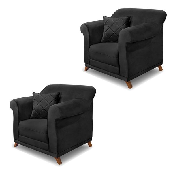 Kit 2 Poltronas Decorativas com 2 Almofadas Armstrong Veludo Preto - Gran Belo