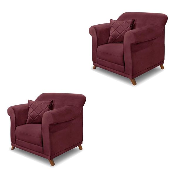 Kit 2 Poltronas Decorativas com 2 Almofadas Armstrong Veludo Vinho - Gran Belo