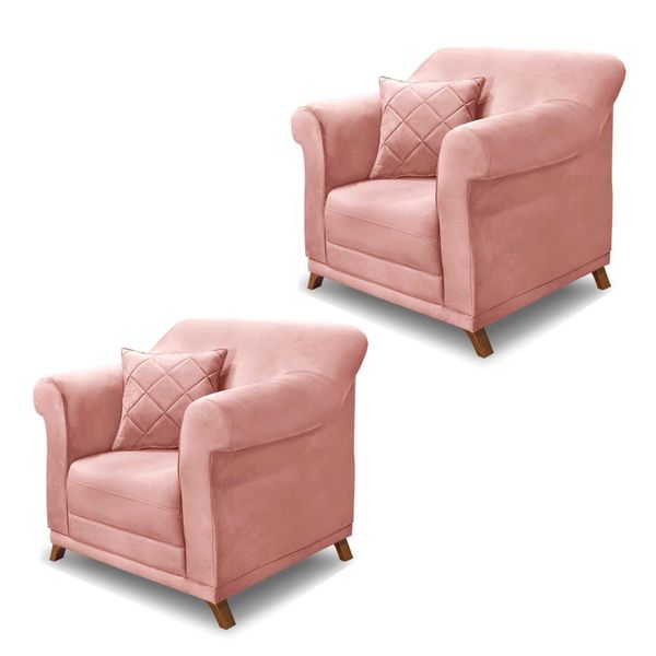 Kit 2 Poltronas Decorativas com 2 Almofadas Armstrong Veludo Rosa - Gran Belo