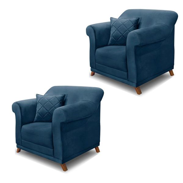 Kit 2 Poltronas Decorativas com 2 Almofadas Armstrong Veludo Azul Marinho - Gran Belo