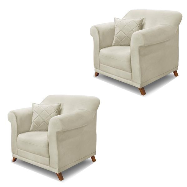 Kit 2 Poltronas Decorativas com 2 Almofadas Armstrong Veludo Bege - Gran Belo